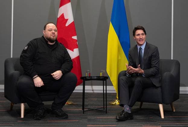 November 25, 2024, Montreal, Pq, CANADA: Prime Minister Justin Trudeau speaks as he holds a bilateral meeting with Ruslan Stefanchuk, speaker of the Parliament of Ukraine in Montreal, Monday, Nov. 25, 2024. Montreal CANADA  - ZUMAc35_ 20241125_zaf_c35_077 Copyright: xChristinnexMuschix