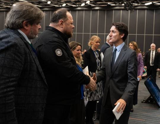 November 25, 2024, Montreal, Pq, CANADA: Prime Minister Justin Trudeau greets Ruslan Stefanchuk, speaker of the Parliament of Ukraine after delivering remarks at the 70th Annual Session of the NATO Parliamentary Assembly in Montreal, Monday, Nov. 25, 2024. Montreal CANADA  - ZUMAc35_ 20241125_zaf_c35_078 Copyright: xChristinnexMuschix