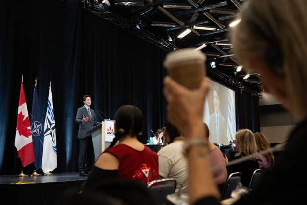 November 25, 2024, Montreal, Pq, CANADA: Prime Minister Justin Trudeau delivers remarks at the 70th Annual Session of the NATO Parliamentary Assembly in Montreal, Monday, Nov. 25, 2024. Montreal CANADA  - ZUMAc35_ 20241125_zaf_c35_079 Copyright: xChristinnexMuschix