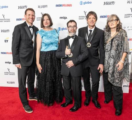 November 25, 2024, New York, New York, USA: Peter Beard (1st from left), Daisy Allsop (2nd from left), Otto Baxter (C) attend International Emmy Awards at Hilton Times Square Hotel in New York on November 25, 2024 New York USA - ZUMAr339 20241125_znp_r339_047 Copyright: xLevxRadinx