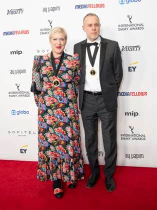 November 25, 2024, New York, New York, USA: Sarah Phelps and Saul Dibb attend International Emmy Awards at Hilton Times Square Hotel in New York on November 25, 2024 New York USA - ZUMAr339 20241125_znp_r339_109 Copyright: xLevxRadinx
