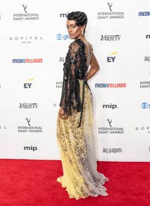 November 25, 2024, New York, New York, USA: Skye P. Marshall wearing dress by Marco and Maria attends International Emmy Awards at Hilton Times Square Hotel in New York on November 25, 2024 New York USA - ZUMAr339 20241125_znp_r339_155 Copyright: xLevxRadinx