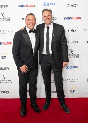 November 25, 2024, New York, New York, USA: Eduardo Suarez Castellot and Frank Scheuermann attend International Emmy Awards at Hilton Times Square Hotel in New York on November 25, 2024 New York USA - ZUMAr339 20241125_znp_r339_125 Copyright: xLevxRadinx