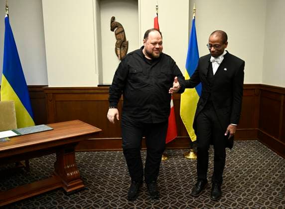 November 26, 2024, Ottawa, On, CAN: Ruslan Stefanchuk, Chairman of the Verkhovna Rada of Ukraine (parliament of Ukraine), walks with Speaker of the House of Commons Greg Fergus, in West Block on Parliament Hill in Ottawa, on Tuesday, Nov. 26, 2024. Ottawa CAN - ZUMAc35_ 20241126_zaf_c35_019 Copyright: xJustinxTangx