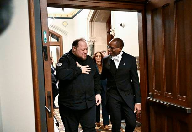 November 26, 2024, Ottawa, On, CAN: Ruslan Stefanchuk, Chairman of the Verkhovna Rada of Ukraine (parliament of Ukraine), walks with Speaker of the House of Commons Greg Fergus as they arrive in West Block on Parliament Hill in Ottawa, on Tuesday, Nov. 26, 2024. Ottawa CAN  - ZUMAc35_ 20241126_zaf_c35_020 Copyright: xJustinxTangx
