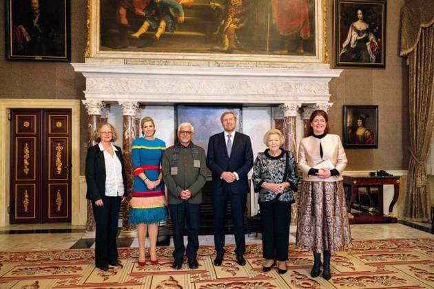 Royals at Erasmus Prize - Amsterdam Queen Maxima, writer Amitav Ghosh, King Willem Alexander and Princess Beatrix during the presentation of the Erasmus Prize at the Royal Palace Amsterdam, Netherlands on November 26, 2024. Photo by Patrick van Emst Bruno Press ABACAPRESS.COM Amsterdam Netherlands  Copyright: xBrunoxPress ABACAx
