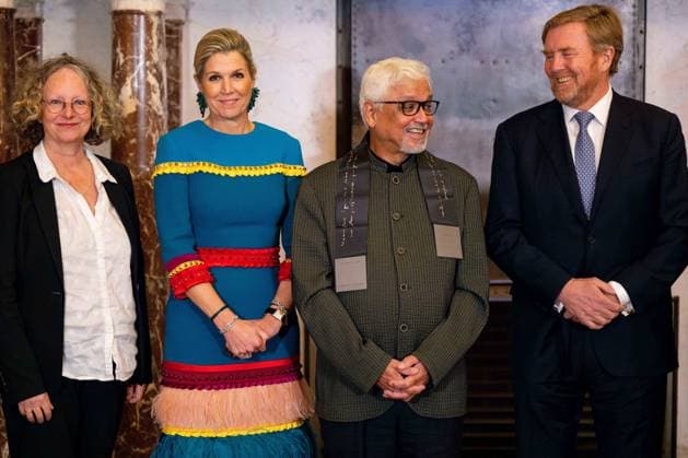 Royals at Erasmus Prize - Amsterdam Queen Maxima, writer Amitav Ghosh and King Willem Alexander during the presentation of the Erasmus Prize at the Royal Palace Amsterdam, Netherlands on November 26, 2024. Photo by Patrick van Emst Bruno Press ABACAPRESS.COM Amsterdam Netherlands  Copyright: xBrunoxPress ABACAx