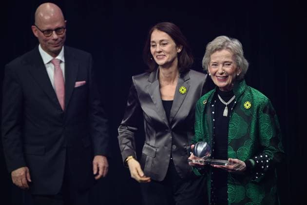 Mary ROBINSON, UN High Commissioner for Human Rights, right, receives the honorary prize of the German Sustainability Award, center Katharina BARLEY, politician, left Prof Guenther BACHMANN, German Sustainability Award ceremony in Duesseldorf on 28 11 2024