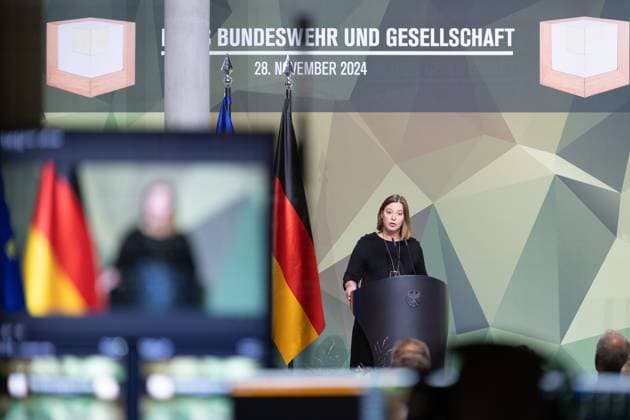 28 11 2024, Bundeswehr and Society Prize Award ceremony 2024 at the Paul Löbe Haus of the German Bundestag in Berlin The Vice-President of the German Bundestag, Yvonne Magwas CDU CSU during her welcoming address Berlin