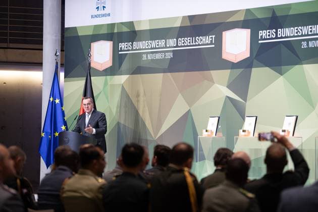 28 11 2024, Bundeswehr and Society Award Award ceremony 2024 at the Paul Löbe Haus of the German Bundestag in Berlin Defense Minister Boris Pistorius SPD welcomes the award winners and guests Berlin