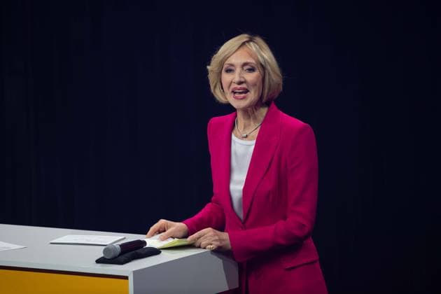 Petra GERSTER, presenter, speaks the laudatory speech for Hape Kerkeling, German Sustainability Award ceremony in Duesseldorf on 29 11 2024