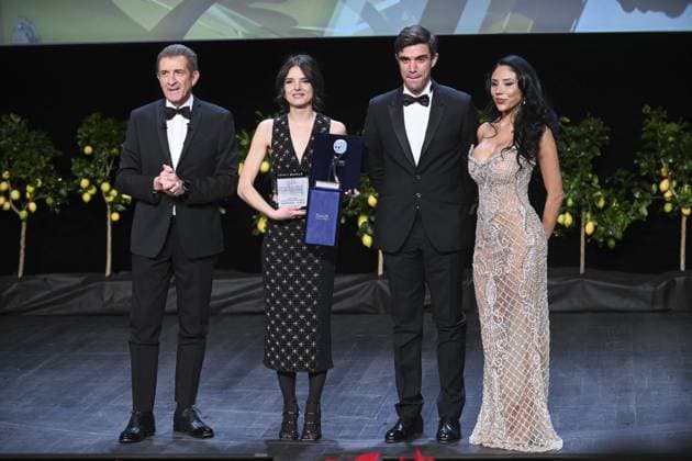 Montecarlo, 21st Montecarlo Film Festival -Award Ceremony Montecarlo, 21st Montecarlo Film Festival - Award Ceremony In the photo: Federica Sabatini, Ezio Greggio, Gabriele Greggio, Natalie Espinoza Monte Carlo  Copyright: xIPA ABACAx