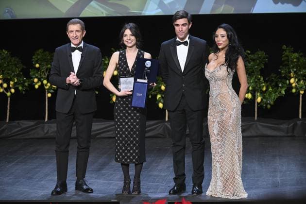 Montecarlo, 21st Montecarlo Film Festival -Award Ceremony Montecarlo, 21st Montecarlo Film Festival - Award Ceremony In the photo: Federica Sabatini, Ezio Greggio, Gabriele Greggio, Natalie Espinoza Monte Carlo  Copyright: xIPA ABACAx