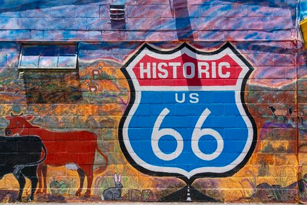 Painted Route 66 sign on wall, Seligman, Arizona, United States of America, North America Copyright: JanxMiracky 1359-2035