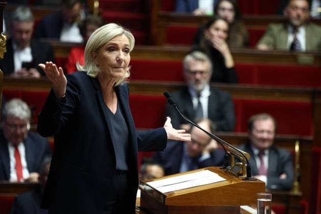 Bilder des Jahres 2024, News 12 Dezember News Themen der Woche KW49 News Bilder des Tages Session Discussion and Vote on The Motion of Censure - Paris President of French far-right party Rassemblement National (RN) Marine Le Pen during the debate prior to the no-confidence votes on Prime Minister Barnier s administration at the National Assembly in Paris, France on December 4, 2024. The French National Assembly debates two motions brought by the French left-wing Nouveau Front Populaire (New Popular Front) NFP coalition and the French far-right Rassemblement National (National Rally) RN party in a standoff over 2025 s austerity budget, which saw French Prime Minister force through a social security financing bill without a vote (article 49.3) on December 2, 2024. Photo by Raphael Lafargue ABACAPRESS.COM Paris France  Copyright: xLafarguexRaphael ABACAx