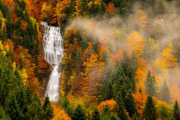 A breathtaking waterfall cascades through vibrant autumn foliage in Ordesa and Monte Perdido National Park, Huesca, Spain Mist gently envelops the lush, colorful forest Model Released EgoitzIcaza_ID25123_727394_011 Copyright: xEgoitzxIcazax