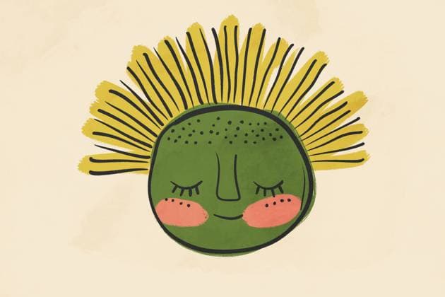 An artistic illustration featuring a whimsical sunflower with a peaceful, closed-eyed green face, radiating yellow petals on a beige background Model Released HodeiUnzueta_ID25291_731524_010 Copyright: xHodeixUnzuetax RECORD DATE NOT STATED