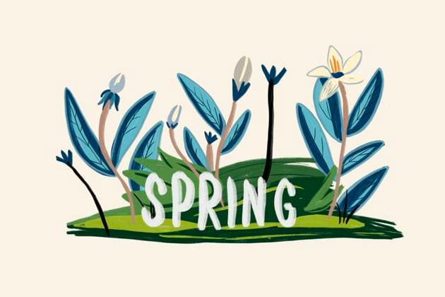 A whimsical illustration of spring featuring blooming flowers and vibrant leaves in shades of blue and green. The word spring is creatively integrated into the design. Model Released HodeiUnzueta_ID25396_734089_005 Copyright: xHodeixUnzuetax RECORD DATE NOT STATED