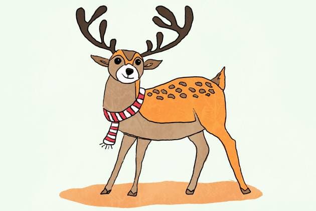 A delightful illustration depicting a brown deer with prominent antlers, adorned with a colorful striped scarf, set against a soft beige background, capturing the essence of the winter season Model Released HodeiUnzueta_ID25398_734110_003 Copyright: xHodeixUnzuetax RECORD DATE NOT STATED