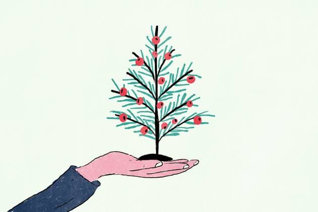 Creative Highlights Symbolbilder 783449156 A stylized illustration showing a hand gently holding a small evergreen tree adorned with vibrant red berries, set against a soft pastel background, ideal for winter-themed visuals Model Released HodeiUnzueta_ID25398_734120_010 Copyright: xHodeixUnzuetax RECORD DATE NOT STATED