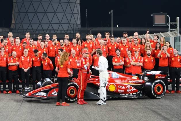 December 5, 2024, Abu Dhabi, United Arab Emirates: Charles Leclerc of Ferrari and Brad Pitt, actor playing Sonny Hayes, a driver of the fictional Apex APXGP F1 team in the upcoming F1 movie directed by Joseph Kosinski, are seen ahead of Formula 1 Abu Dhabi Grand Prix at Yas Marina Circuit on December 5th, 2024 in Abu Dhabi, United Arab Emirates. Abu Dhabi United Arab Emirates - ZUMAz156 20241205_zip_z156_047 Copyright: xBeataxZawrzelx