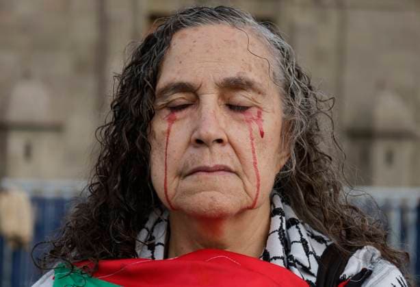 Palestinian Activists And Supporters Demonstrate Against The Genocide In Gaza At The Zocalo In Mexico City A woman sympathetic to Palestine demonstrates against the genocide in Gaza in the Zocalo of Mexico City, Mexico, on December 6, 2024, to demand the end of the bombings that the Israeli army carries out for a year in the Palestinian territories in the Gaza Strip after the attack by the Hamas group, where more than 40,000 people die and a large number of people are injured, which is considered an act of crimes against humanity, genocide, and ethnic extinction. Mexico City Mexico City Mexico  Copyright: xGerardoxVieyrax originalFilename: vieyra-notitle241206_npCAv.jpg