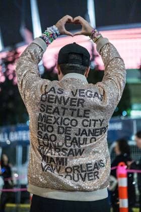 December 8, 2024, Vancouver, British Columbia, Canada: A fan wearing a jacket listing all of the Taylor Swift concerts they have attended on the Eras Tour. The last one in Vancouver, British Columbia is their 13th and the last stop of the entire tour. Vancouver Canada - ZUMAw171 20241208_znp_w171_010 Copyright: xRyanxWalterxWagnerx