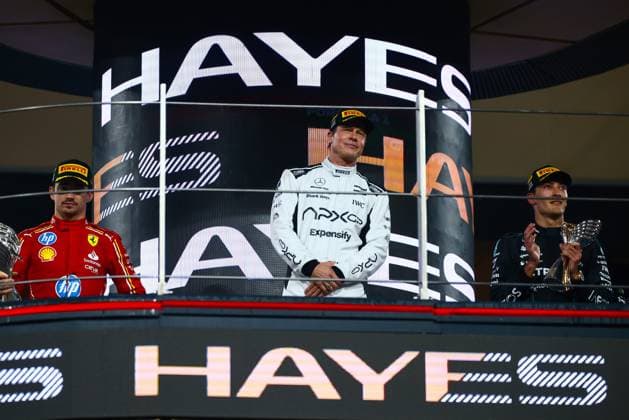 December 8, 2024, Abu Dhabi, United Arab Emirates: Charles Leclerc of Ferrari, George Russell of Mercedes and Brad Pitt, actor playing Sonny Hayes, a driver of the fictional Apex APXGP F1 team in the upcoming F1 movie by Joseph Kosinski are filming a scene during Formula 1 Abu Dhabi Grand Prix at Yas Marina Circuit. Abu Dhabi United Arab Emirates - ZUMAz156 20241208_zip_z156_119 Copyright: xBeataxZawrzelx