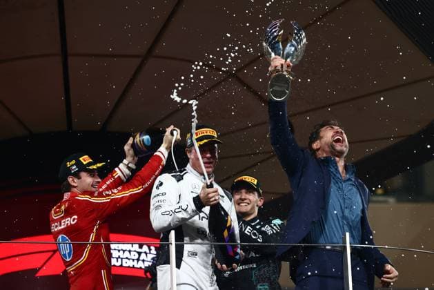 December 8, 2024, Abu Dhabi, United Arab Emirates: Charles Leclerc of Ferrari, George Russell of Mercedes, actor Javier Bardem and Brad Pitt, actor playing Sonny Hayes, a driver of the fictional Apex APXGP F1 team in the upcoming F1 movie by Joseph Kosinski are filming a scene during Formula 1 Abu Dhabi Grand Prix at Yas Marina Circuit. Abu Dhabi United Arab Emirates - ZUMAz156 20241208_zip_z156_143 Copyright: xBeataxZawrzelx