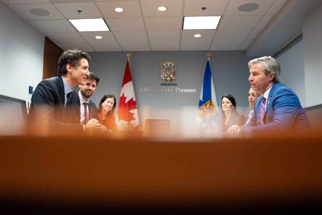 December 9, 2024, Halifax, Ns, Canada: Prime Minister Justin Trudeau, left, Minister of Housing, Infrastructure and Communities Sean Fraser, second from left, meet with Nova Scotia Premier Tim Houston, right, in Halifax on Monday, December 9, 2024. Halifax Canada - ZUMAc35_ 20241209_zaf_c35_004 Copyright: xDarrenxCalabresex