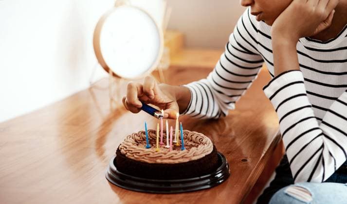 Creative Highlights Symbolfotos Candles, cake and hands of woman in home for birthday celebration alone with loneliness. Sparkles, lighter and female person with chocolate dessert for special event with depression at apartment model released property released Copyright: xwww.peopleimages.comx