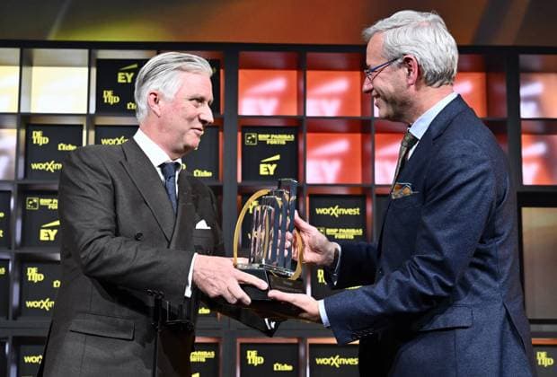 King Philippe - Filip of Belgium and X-Fab CEO Rudi De Winter pictured during the awards ceremony of the Enterprise of the Year (30th edition) and the Prize of the Flemish Government for the Scale-up of the Year ,Tuesday 10 December 2024, in Brussels.  ERICxLALMAND 107883582