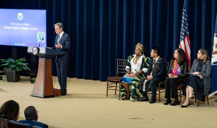 Secretary Of State Antony J. Blinken Will Deliver remarks Secretary™s Human Rights Defender Award Ceremony On December 10, 2024, in Washington, D.C., United States, Secretary of State Antony J. Blinken delivers remarks at the Secretary s Human Rights Defender Award Ceremony at the Department of State. The Secretary is joined by Under Secretary of State for Civilian Security, Democracy, and Human Rights Uzra Zeya and Assistant Secretary of State for Democracy, Human Rights, and Labor Dafna Rand. The award recipients from Azerbaijan, Bolivia, Burma, Colombia, Eswatini, Ghana, Kuwait, and the Kyrgyz Republic demonstrate leadership, courage, and impact in the promotion of human rights. Washington DC United States Copyright: xAndrewxThomasx originalFilename: thomas-notitle241210_npXmL.jpg