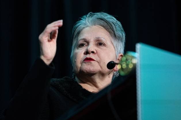 December 10, 2024, Ottawa, On, Canada: University of Ottawa Chancellor and Indigenous rights activist Claudette Commanda delivers remarks at the annual Equal Voice gala in Ottawa, on Tuesday, Dec. 10, 2024. Ottawa Canada  - ZUMAc35_ 20241210_zaf_c35_054 Copyright: xSpencerxColbyx