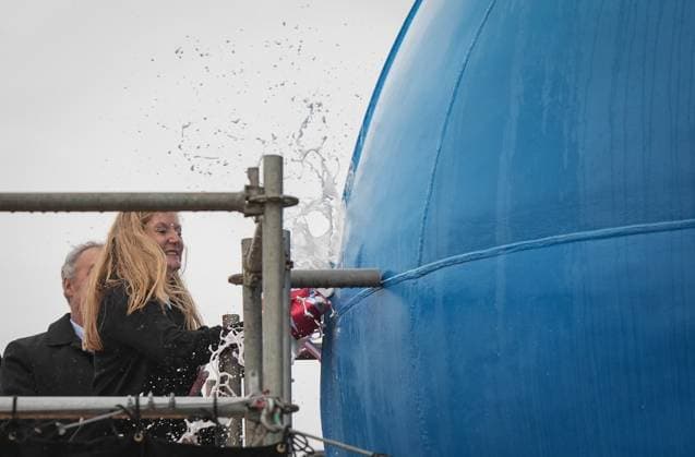 December 13, 2024, North Vancouver, Bc, CANADA: HMCS Protecteur ship sponsor Teri McKinnon breaks a bottle of champagne on the bow of the new Royal Canadian Navy Joint Support vessel during a launch and naming ceremony at Seaspan Shipyards, in North Vancouver, B.C., on Friday, December 13, 2024. The ship is scheduled to be delivered to the Royal Canadian Navy in 2025. North Vancouver CANADA  - ZUMAc35_ 20241213_zaf_c35_087 Copyright: xDarrylxDyckx