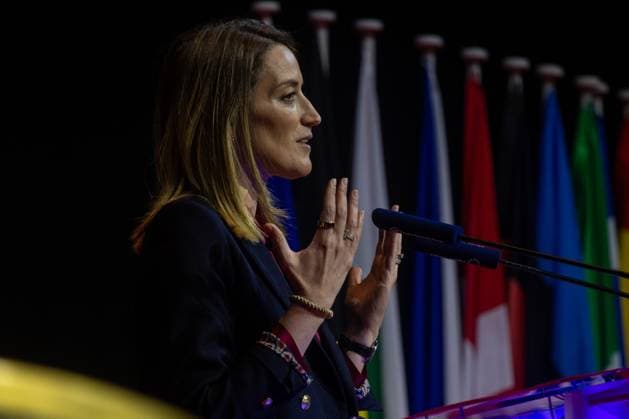 News Bilder des Tages Forum Europa 2024 Award ceremony for Roberta Metsola in Madrid - 13 Dec 2024 Roberta Metsola, President of the European Parliament speaks during the Forum Europa 2024 Award ceremony. Madrid Spain Copyright: xDavidxCanalesx xSOPAxImagesx DCNEFMetzola241211-26
