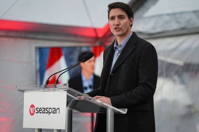 December 13, 2024, North Vancouver, Bc, CANADA: Prime Minister Justin Trudeau speaks during a launch and naming ceremony for the new Royal Canadian Navy Joint Support vessel HMCS Protecteur, at Seaspan Shipyards in North Vancouver, B.C., on Friday, December 13, 2024. North Vancouver CANADA  - ZUMAc35_ 20241213_zaf_c35_100 Copyright: xDarrylxDyckx