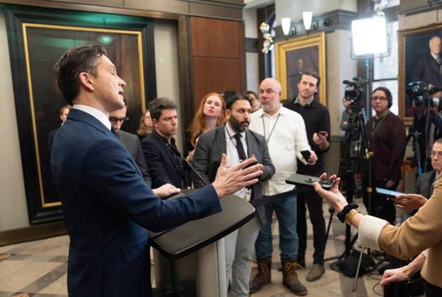 December 16, 2024, Ottawa, On, Canada: Leader of the Conservative Party Pierre Poilievre speaks with reporters in the Foyer of the House of Commons, in Ottawa, Monday, Dec. 16, 2024. Ottawa Canada  - ZUMAc35_ 20241216_zaf_c35_060 Copyright: xAdrianxWyldx