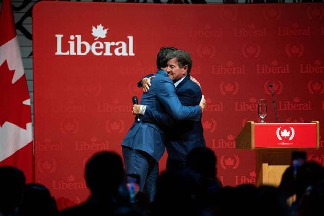 December 16, 2024, Gatineau, Pq, Canada: Prime Minister Justin Trudeau, left, hugs Canadian businessperson and philanthropist Stephen Bronfman after speaking during a Laurier Club Holiday Party event in Gatineau, Que., on Monday, Dec. 16, 2024. Gatineau Canada  - ZUMAc35_ 20241216_zaf_c35_188 Copyright: xSpencerxColbyx