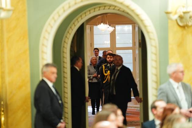 December 20, 2024, Ottawa, On, Canada: Prime Minister Justin Trudeau (back left) waits to enter the room before a cabinet swearing-in ceremony at Rideau Hall in Ottawa, on Friday, Dec.20, 2024. Ottawa Canada  - ZUMAc35_ 20241220_zaf_c35_084 Copyright: xSeanxKilpatrickx