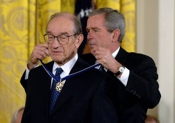 KRT US NEWS STORY SLUGGED: BUSH KRT PHOTOGRAPH BY OLIVIER DOULIERY ABACA PRESS (November 9) WASHINGTON, DC -- President George W. Bush presents Federal Reserve Chairman Alan Greenspan with the Presidential Medal of Freedom during a ceremony in the East Room of the White House in Washington, D.C., November 9, 2005. President Bush presented the award to fourteen honorees. (cdm) 2005 WASHINGTON DC USA EDITORIAL USE ONLY Copyright: xx 1023728 OLIVIERxDOULIERYx krtphotoslive193971