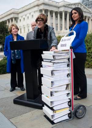 House Democrats on TPP UNITED STATES - NOVEMBER 18: From left, Rep. Louise Slaughter, D-N.Y., Rep. Mark Pocan, D-Wis., Rep. Rosa DeLauro, D-Conn., and Rep. Tulsi Gabbard, D-Hawaii, hold a news conference on the Trans-Pacific Partnership outside of the U.S. Capitol on Wednesday, Nov. 18, 2015. (Photo By Bill Clark CQ Roll Call) Washington DC United States EDITORIAL USE ONLY Copyright: x x2015xCQ-RollxCall,xInc.x BillxClarkx rollcallpix093555