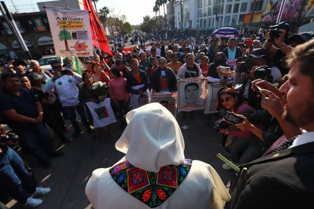 Relatives of the 43 missing students from Ayotzinapa take part during a demonstration from the Glorieta de Peralvillo to the Basilica of Guadalupe. on December 26, 2024 in Mexico City, Mexico. Mexico City Mexico - ZUMAe321 20241226_zia_e321_037 Copyright: xCarlosxSantiagox