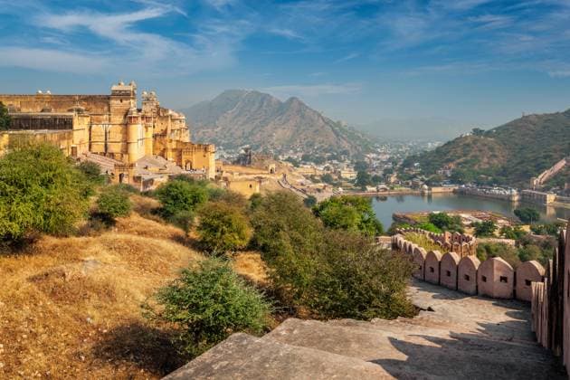Indian travel famous tourist landmark - view of Amer (Amber) fort and Maota lake, Rajasthan, India , 45206268.jpg, Rajasthan, Jaipur, India, Amber, Amer, Amber Fort, Amer Fort, fort, Maota Lake, ancient, architecture, attraction, banner, famous, fortifications, fortress, header, historic, historical, indian, lake, landmark, letterbox, old, outdoors, palace, panorama, panoramic, pond, scenery, sightseeing, tourism, tourist attraction, travel, water RECORD DATE NOT STATED