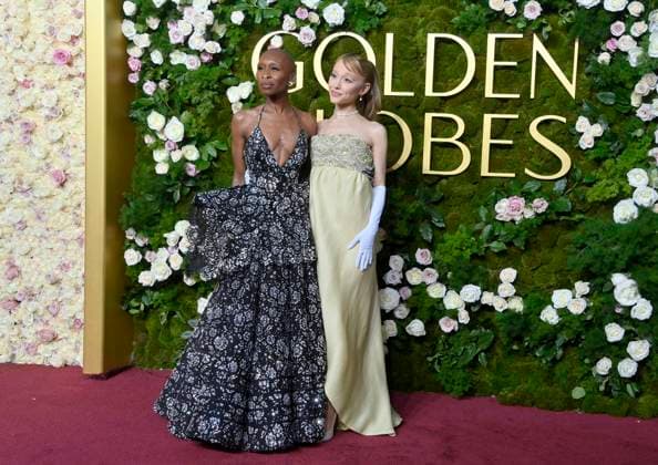 (L-R) Cynthia Erivo and Ariana Grande arrive for the 82nd annual Golden Globe Awards ceremony for excellence in film and American television productions of 2024 at the Beverly Hilton Hotel in Beverly Hills, California on Sunday, January 5, 2025.  LAP20250105398 JIMxRUYMEN