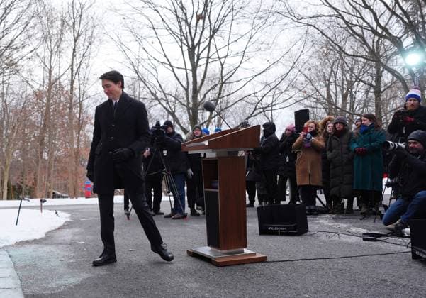 January 6, 2025, Ottawa, Ontario, Canada: Prime Minister JUSTIN TRUDEAU, 53, turns to leave a news conference after announcing his resignation as Liberal leader outside Rideau Cottage in Ottawa on Monday. Ottawa Canada  - ZUMAc35_ 20250106_zaf_c35_048 Copyright: xSeanxKilpatrickx