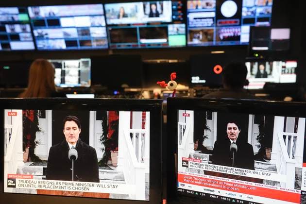 January 6, 2025, Toronto, On, CANADA: Prime Minister Justin Trudeau is seen on screens in a control room at City News in Toronto as he holds a new conference in Ottawa on Monday, Jan.6, 2025. Toronto CANADA  - ZUMAc35_ 20250106_zaf_c35_058 Copyright: xChrisxYoungx