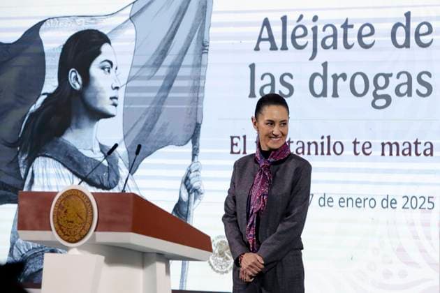 Claudia Sheinbaum Pardo, President of Mexico speaking during the press conference where the campaign Ã¢â‚¬oeStay away from drugs, fentanyl kills you!Ã¢â‚¬Â was announced. at National Palace. on January 7, 2025 in Mexico City, Mexico. Mexico City Mexico - ZUMAe321 20250107_zia_e321_020 Copyright: xLuisxBarronx