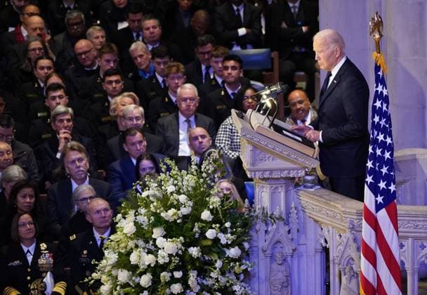 News Themen der Woche KW02 News Bilder des Tages President Joe Biden gives a tribute to former President Jimmy Carter during Carter s funeral service at the National Cathedral in Washington DC on Thursday, January 9, 2025. Carter, the 39th president, died at the age of 100 on December 29, 2024, at his home in Plains, Georgia.  WAP20250109322 LEIGHxVOGEL