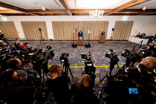 Press conference with U.S. Secretary of Defense LLOYD J. AUSTIN III at Ukraine Defense Contact Group (UDCG) meeting at Ramstein Air Base. Ramstein Air Base Rhineland-Palatinate Germany